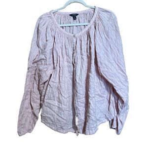 CHAPS Top Womens 2X Pink Pinstripe Button Up Cotton Blend Sheer Blouse